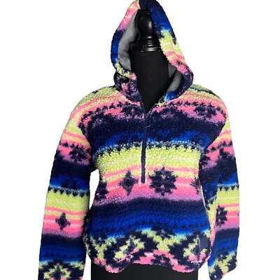 Justice Sherpa Neon Pink Blue  & Lime Green Half Zip Jacket Hoodie Size L(12-14) - Image 1 of 4
