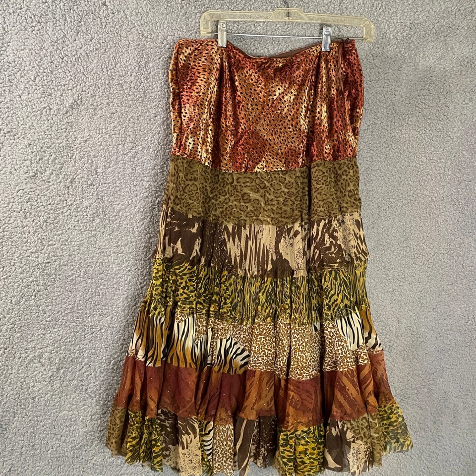Falda para mujer KAS Designs L marrón escoba étnica boho animal en capas remolino Foto 1 de 4