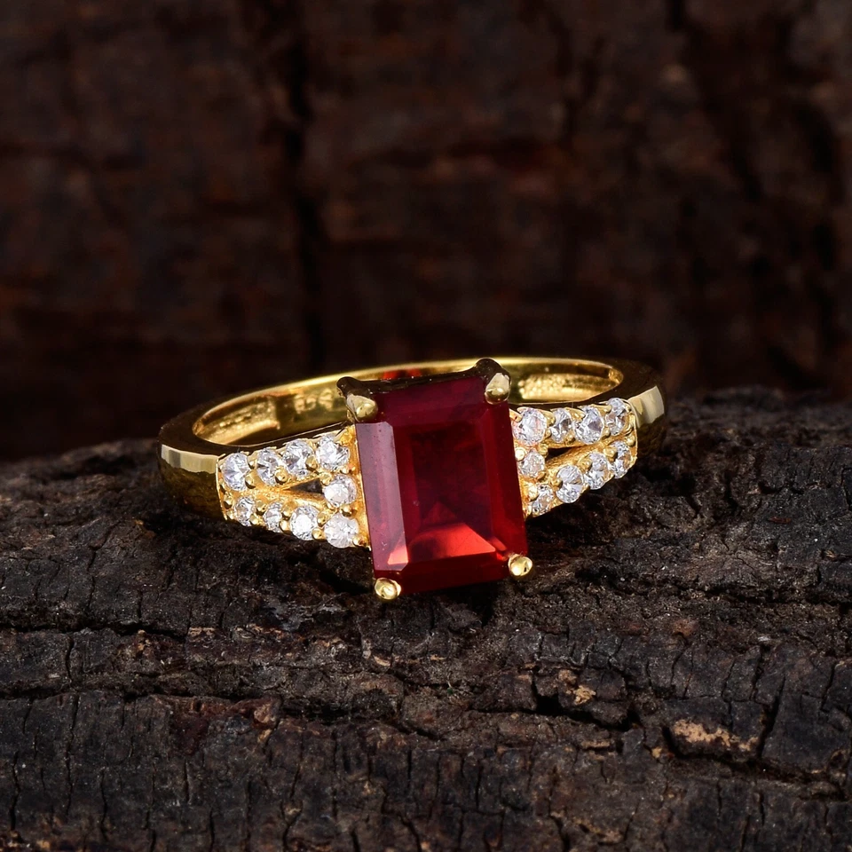 Emerald Cut Mexican Fire Opal Ring in 14K Yellow Gold Plated Sterling Silver - Image 1 of 4