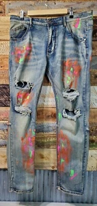 Denim Blue Jean Painted Splatter Pants. Kdnk. Size 38/30 - Picture 1 of 16