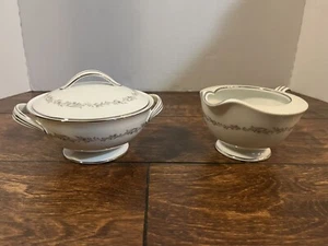 Noritake Crestmont 6013 Creamer & Lidded Sugar Bowl Platinum Trim Gray Scroll - Picture 1 of 9
