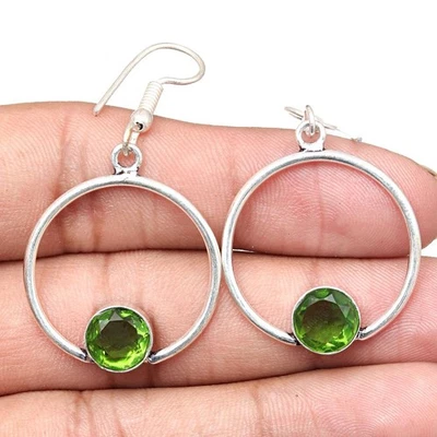 Peridot Quartz Gemstone Handmade Gift For Her Silver Jewelry Earrings 1.5'' - Image 1 of 4