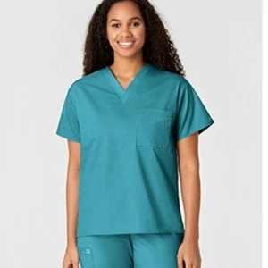 NWT WonderWink - WonderWORK UNISEX V-NECK SCRUB TOP SHORT SLEEVE TURQUOISE 2XL - Picture 1 of 6