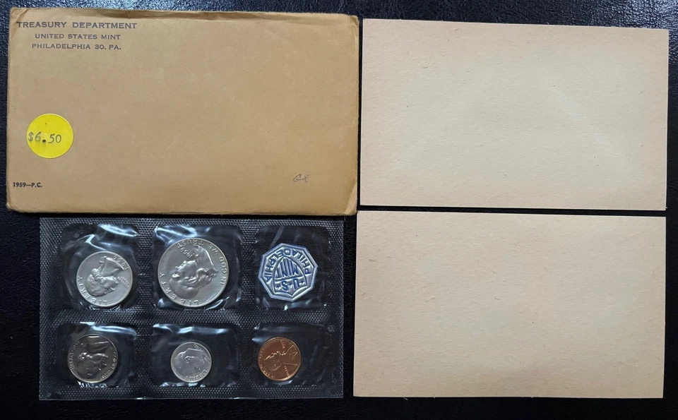 1959 US Mint Proof Set 5 Coins in Cello Flat Pack w/ Envelope 90% Silver (#1007) - Image 1 of 4