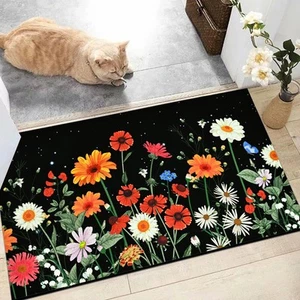 Spring Summer Floral Door mats, Flowers Low Profile Rug Washable Indoor Outdoor - Picture 1 of 9