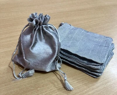 10 Pc Raw Silk Jewelry Pouch Bag tassle drawstring wedding party favor GREY - Image 1 of 4
