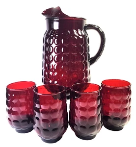 Vintage Anchor Hocking Royal Ruby Bubble Pitcher and Four 4.5" Tall Glasses - Picture 1 of 13