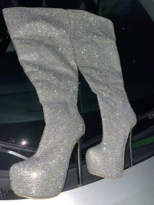 BELLA LUNA Knee High Heels Glitter Rhinestone Platform Boots 7.5M FREE SHIPPING - Picture 1 of 7