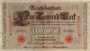 Reichsbanknote 1000 Mark 21.04. 1910 Berlin Serie N rotes Siegel Nr 9426281 G - Bild 1 von 3