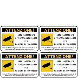 N°4 ADESIVO Cartello area videosorvegliata sottoposta videosorveglianza 23X15 cm - Foto 1 di 1