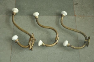 3 Pc Vintage Solid Handcrafted Brass & Ceramic Fine Quality Wall Hooks - Picture 1 of 14