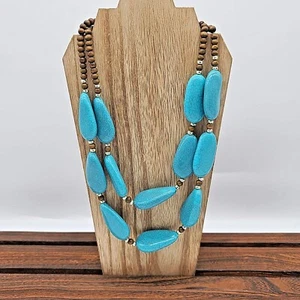 Double Strand Brown Wooden Beaded Necklace w Polished Turquois Crackle Stones - Picture 1 of 7