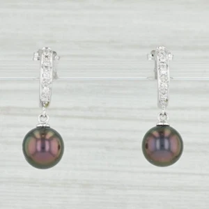 Black Cultured Charms Pearl Diamond Half Hoop Earrings 18k White Gold - Picture 1 of 4