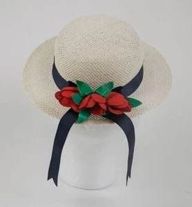 HARTSTRINGS BABY NWT EASTER BONNET WIDE BRIM STRAW HAT NAVY RIBBON RED TULIPS - Picture 1 of 1