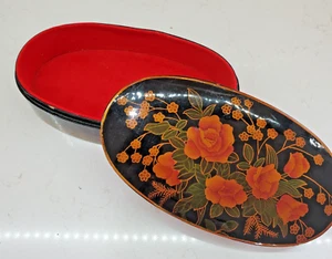 Hand Lacquered Jewelry Box Red Felt Lining Russian? Large Oval Wood Floral - Picture 1 of 24