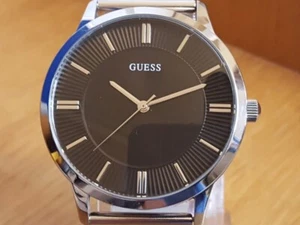 Herren Silber Stahl Armband Slim Guess Herren Slim Schwarz Minimalistisch Quarzuhr - Bild 1 von 9