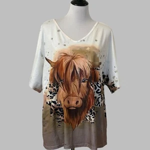 Camisa para mujer talla grande 2XL Highland estampado animal vaca cuello en V manga corta nueva sin etiquetas - Imagen 1 de 8