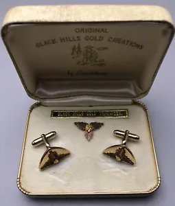 Vintage 12K Yellow & Rose Gold Black Hills Gold Cufflinks & Tie Tac Set W/ Box - Picture 1 of 6