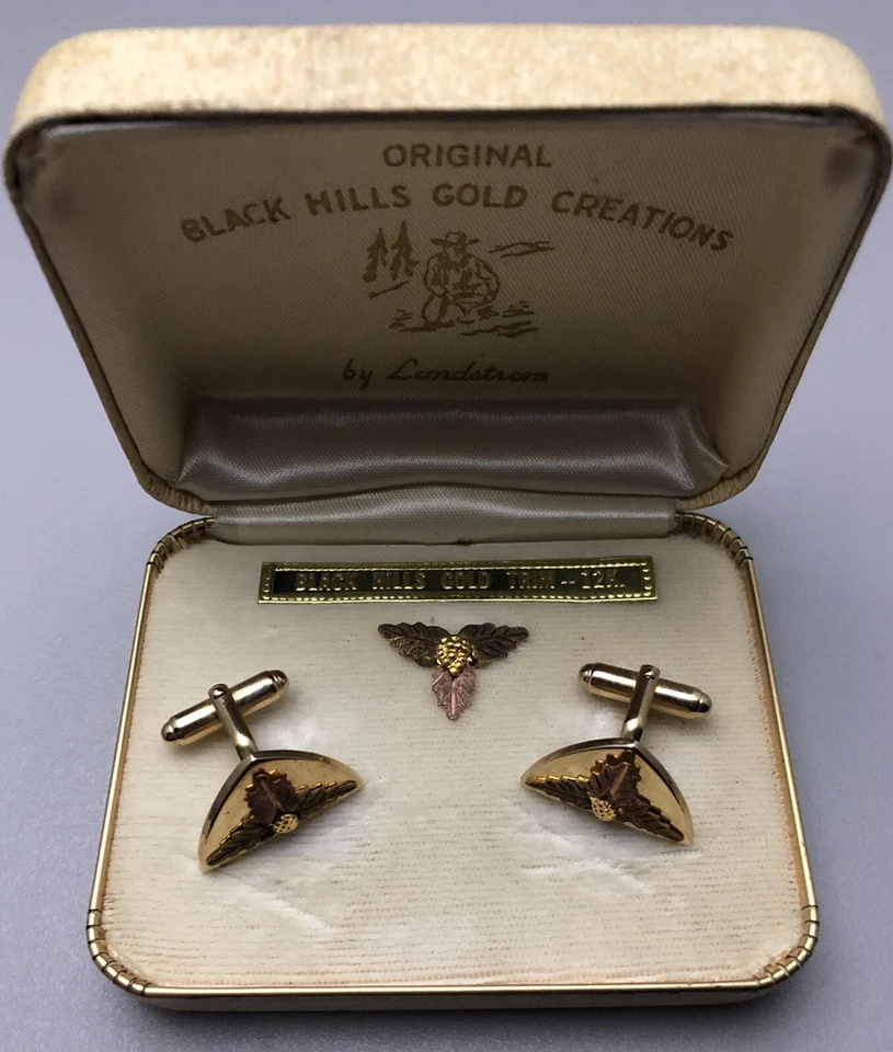 Vintage 12K Yellow & Rose Gold Black Hills Gold Cufflinks & Tie Tac Set W/ Box - Image 1 of 4