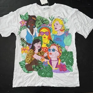 Zara M T-SHIRT OVERSIZED WHITE WOMEN traveling With Friends Sequined Green Gold - Picture 1 of 4