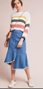 Yumi Anthropogie Women’s Asymmetric Raw Frayed Hem Denim Peplum Midi Skirt Blue - Picture 1 of 10