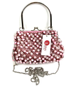 Lexy International Beaded Handbag Pink Gray Clutch Purse Removable Strap New - Picture 1 of 11