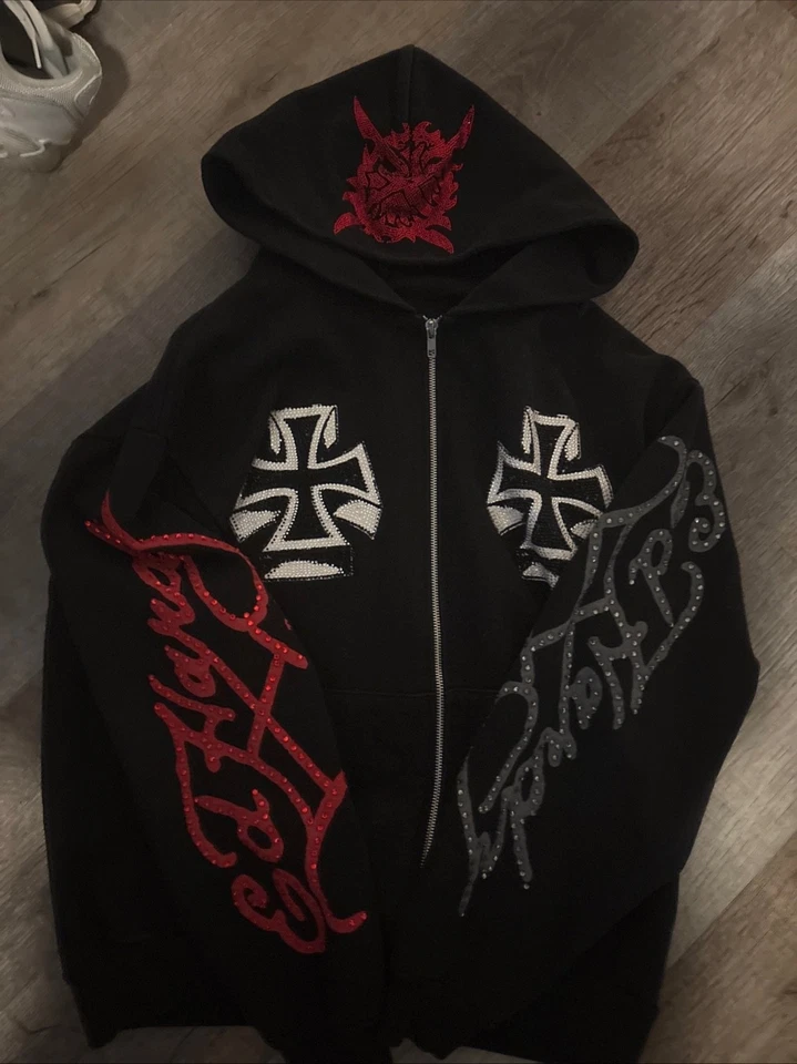 KEN CARSON X ED HARDY MEN’S MEDIUM COMPLEX CON RHINESTONE ZIPUP JACKET - Image 1 of 4