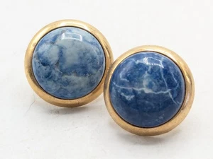 Gold Tone Blue White Cabochon Pierced Earrings - Picture 1 of 9
