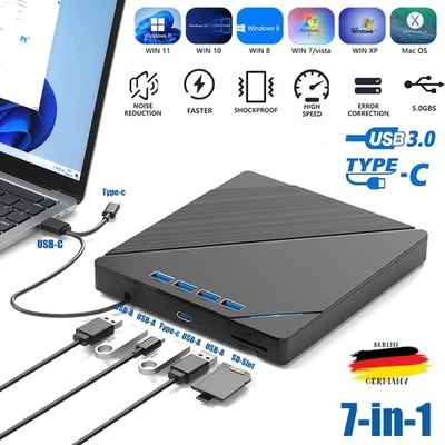 7 in 1 Externes CD/DVD Laufwerk USB 3.0 Brenner Player für PC Laptop Windows Neu - Bild 1 von 4