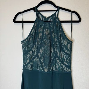 Morgan & Co Forest Green Teal Halter top Lace Long Gala Prom Dress Size 9/10 - Picture 1 of 9