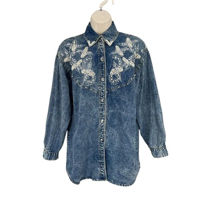 Camisa De Colección Lavada a la Piedra Mujer Western Boho Coqueta Denim Perla Cuentas Talla S Foto 1 de 4