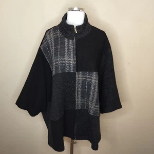Anne French Wool Poncho Cape Pullover S / M Reißverschluss kariert Chevron Patchwork - Bild 1 von 10