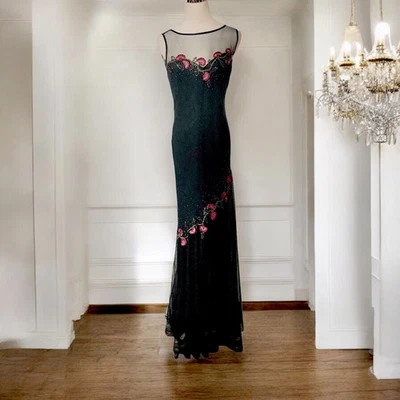 Официальное платье Xscape Joanna Chen размер 10 черное шелковая иллюзия сетка русалка труба - Изображение 1 из 4