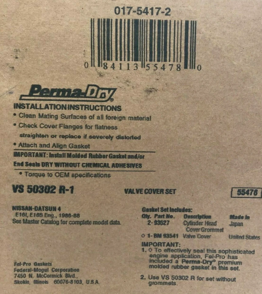 JUEGO JUNTAS TAPA VÁLVULA FEL-PRO VS 50302 R1 SE ADAPTA A NISSAN PULSAR NX 87-88 SENTRA  Foto 1 de 1