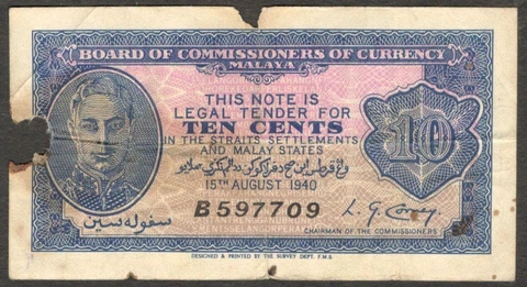 Board of Commissioners of Currency Malaya Straits Settlement 10 Cents KG VI 1940 Cover