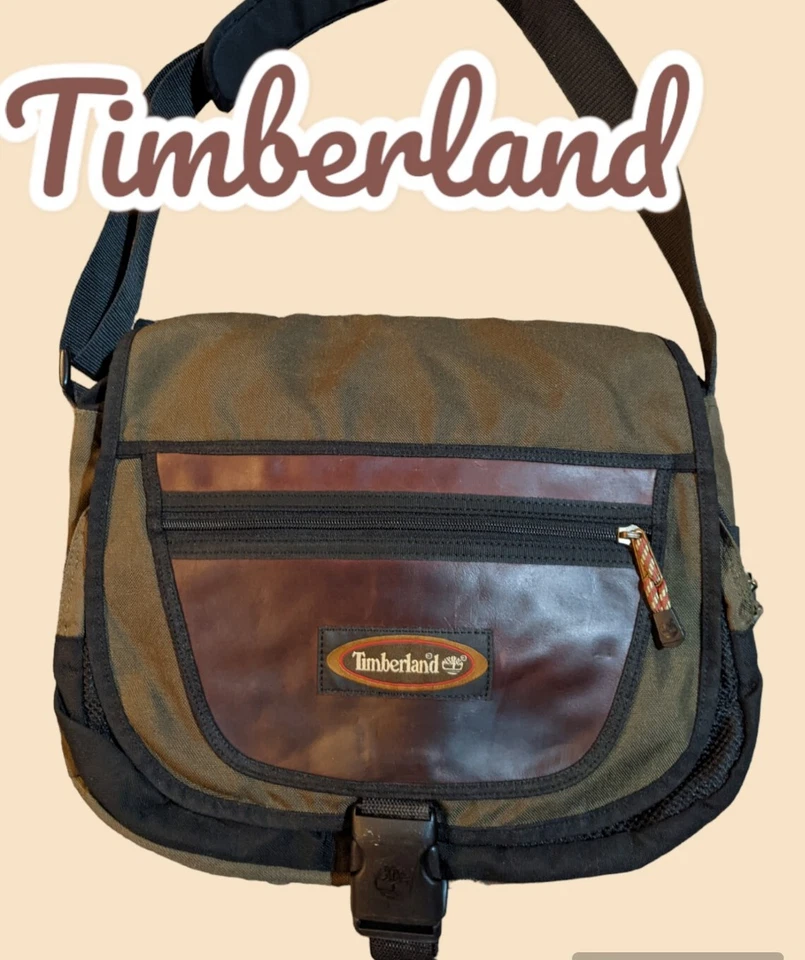 TIMBERLAND Brown Leather Army Green Canvas Lg Messenger Flap Briefcase Bag🌟RARE - Image 1 of 4
