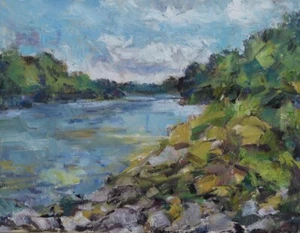 Art Original Oil Painting RM Mortensen "Where The River Runs Wide" Sky 11 x 14 - Picture 1 of 1