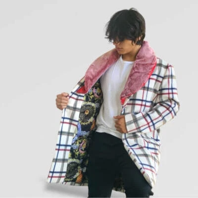 Abrigo informal de piel sintética a cuadros azul marino Manzini blanco | rojo | nuevo con etiquetas Foto 1 de 4