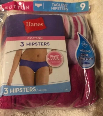 PACK DE 3 HANES Hipster de algodón sin etiquetas talla 9 a rayas rosa malva nuevo en paquete Foto 1 de 4