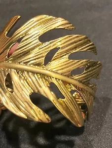 Leaf Feather Textured Gold Tone Metal Large Statement Cuff Bracelet Arm Band VTG - Picture 1 of 12