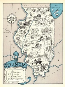 1930s Antique Illinois State Map Wall Decor Picture Map of Illinois BLU 548 - Picture 1 of 4
