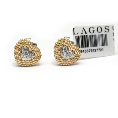 Nuevos aretes LAGOS de plata de ley y oro de 18 quilates con corazón de diamantes de lujo caviar Foto 1 de 4