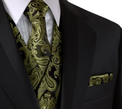 MEN'S OLIVE PAISLEY FORMAL DRESS TUXEDO VEST, TIE & HANKIE SET. WEDDING, PROM - Image 1 of 4