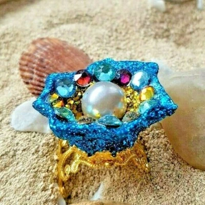 Ring Muschel Handarbeit Kunstperle original Swarovskielemente türkis gold bunt - Bild 1 von 3