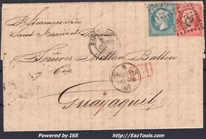 FRANCE N°22+23 SUR LETTRE POUR L'EQUATEUR GC 532 + CAD BORDEAUX DU 06/06/1867 - Picture 1 of 2
