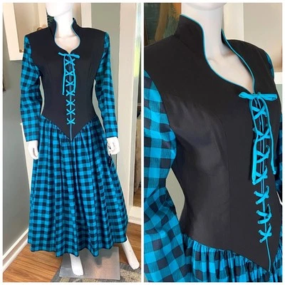 Vintage 80s 90s NOS Leslie Lucks Corset Prairie Buffalo Plaid Midi Dress M/L - Image 1 of 4