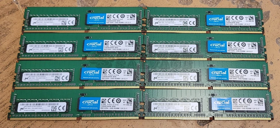 Crucial Micron 8 x 8GB DDR4 1Rx4 PC4-2400T-R Server Memory RDIMM CT8G4RFS424A - Image 1 of 1