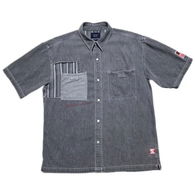 Vintage Bugle Boy Shirt Mens XL Black Denim Pearl Snap Jean Patch Work Y2K - Image 1 of 4