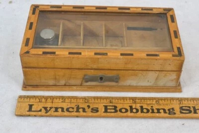 antique travel desk box inlay glass ink bottle pen compartment original 19thc  - Image 1 of 4