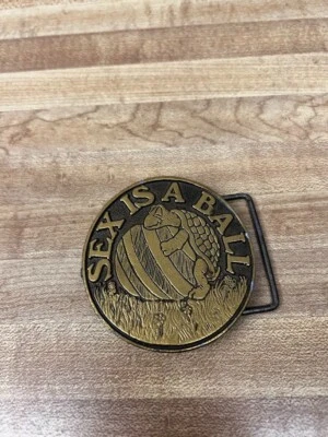 Vintage 1970s Brass Gold Tone Belt Buckle Sex is a Ball Turtle Graphic Novelty - Image 1 of 4